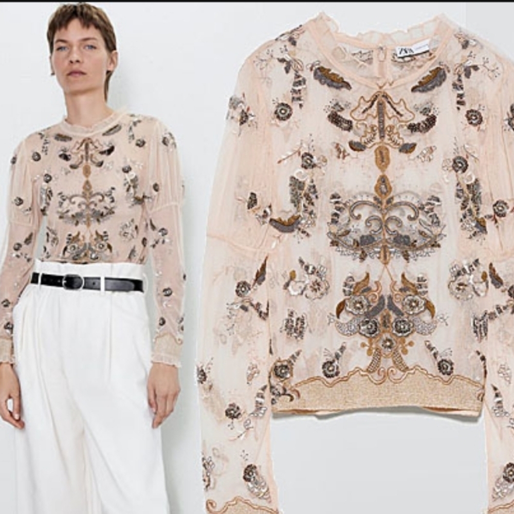 Zara NWTs Semi Sheer Limited Edition Embroidered Top